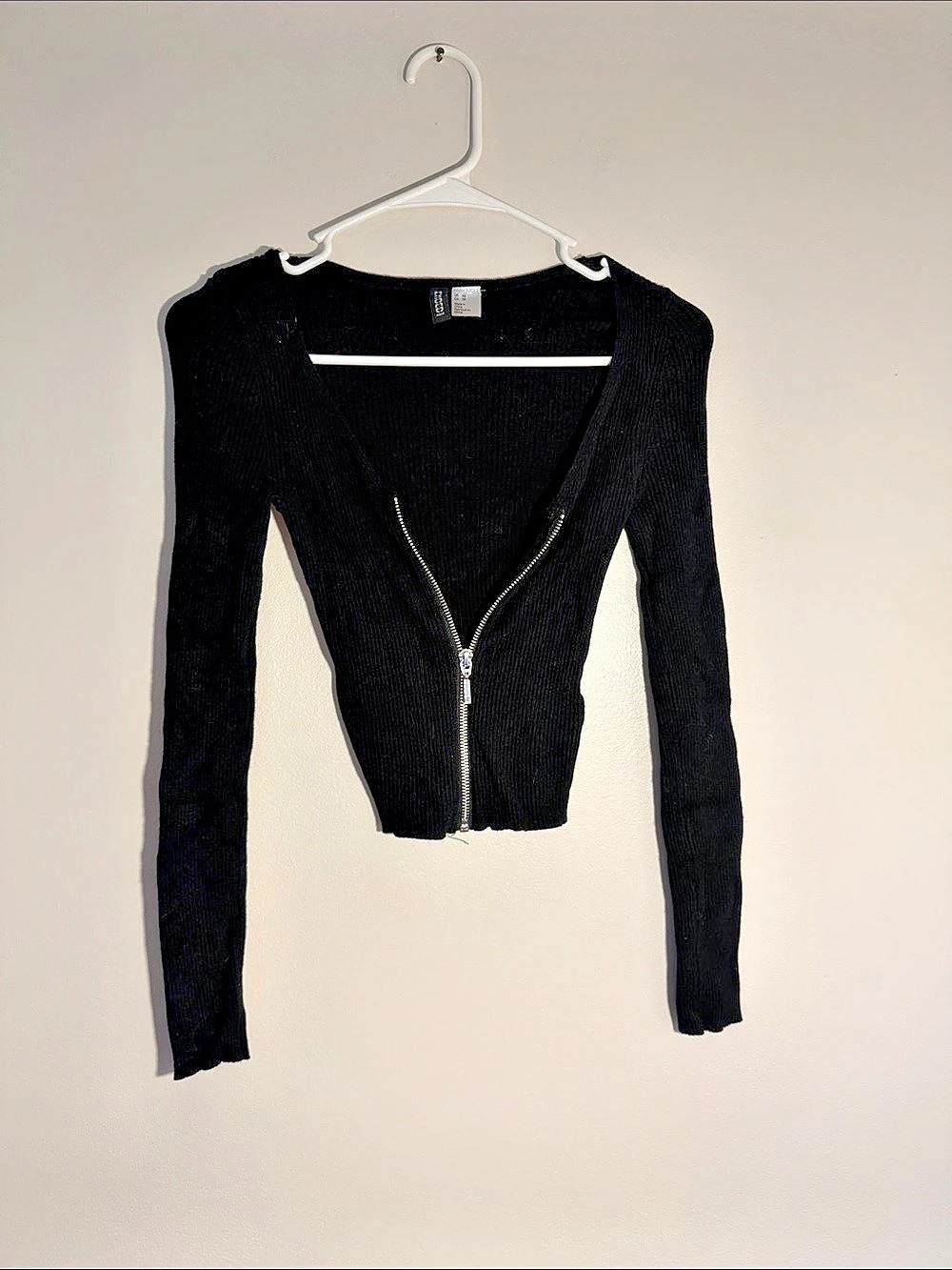H&M Black Ribbed Zip-Up Long Sleeve Size XS